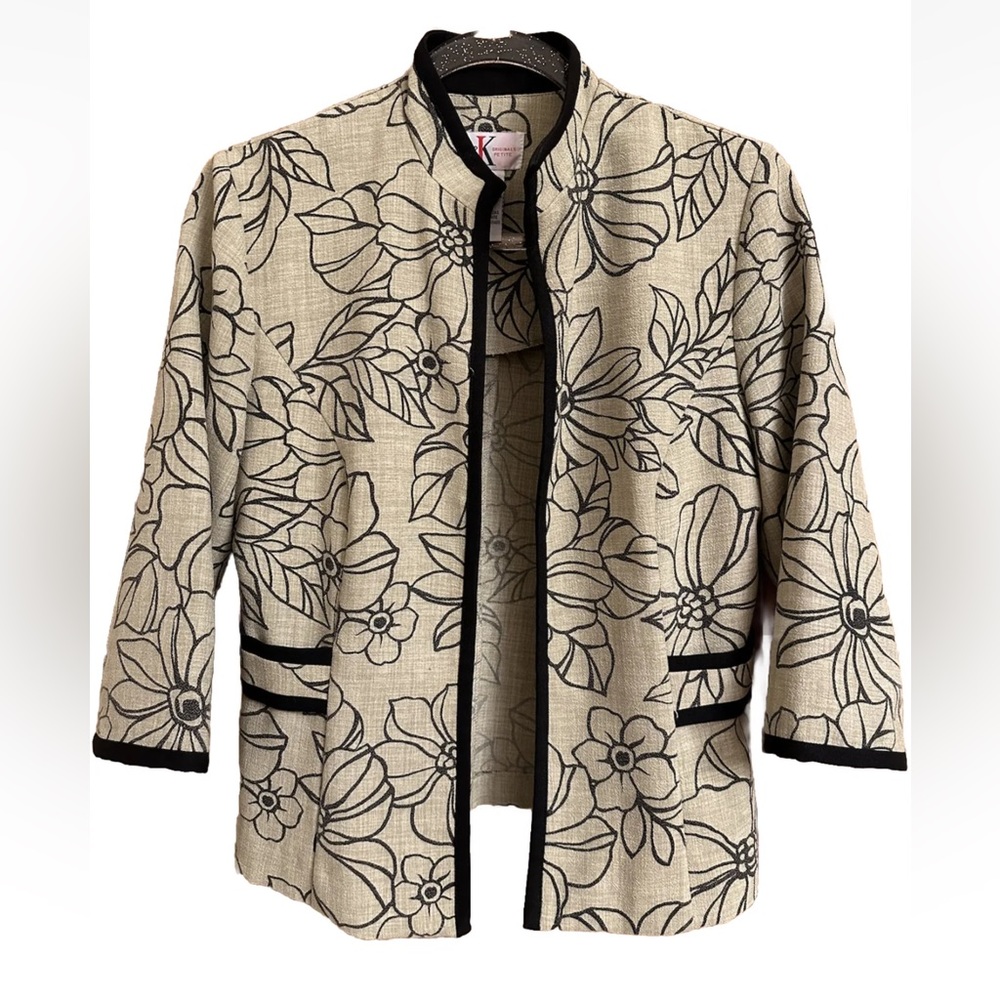 R & K Originals Womens Open Blazer/Jacket Abstract Pattern Beige Black Petite 6